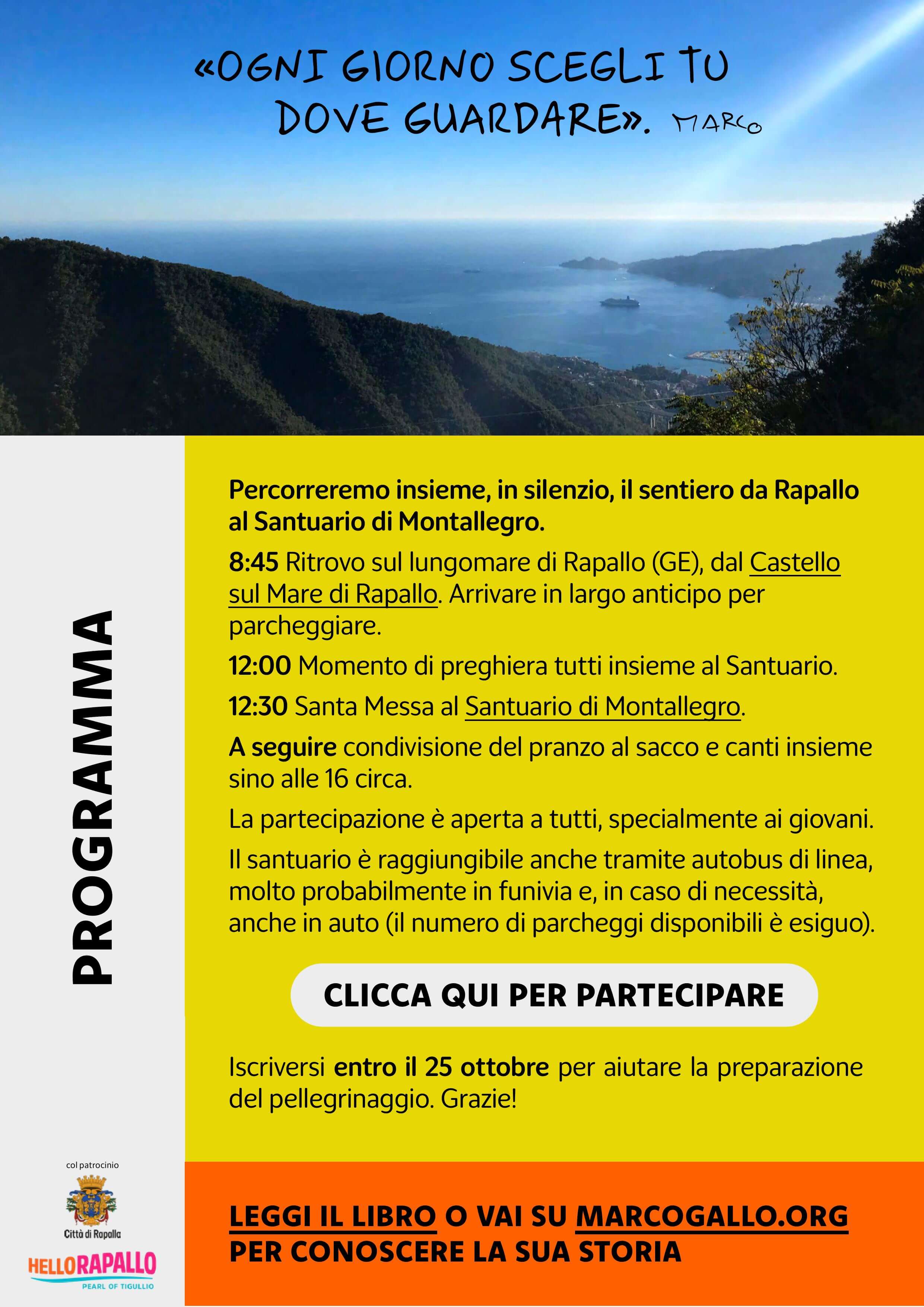 Retro del volantino: programma del pellegrinaggio da Rapallo a Montallegro, orari, iscrizione e invito a marcogallo.org.